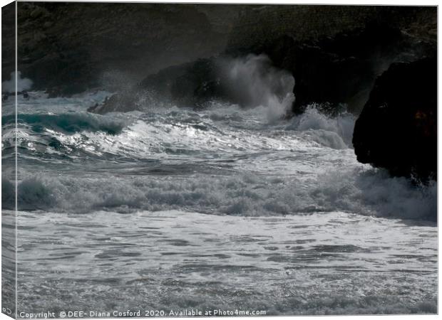 Unusually fierce waves & dramatic shoreline, Cala  Canvas Print by DEE- Diana Cosford