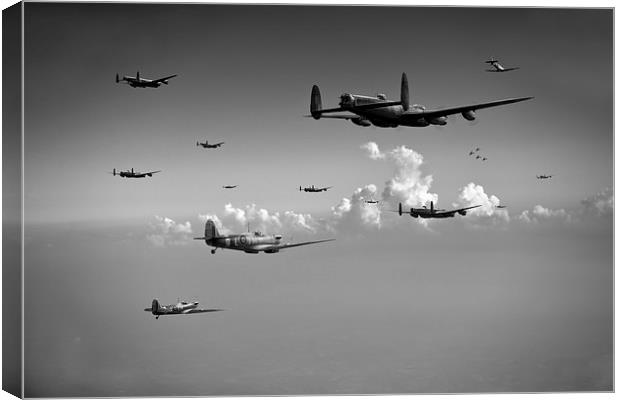 Spitfires escorting Lancasters black and white ver Canvas Print by Gary Eason