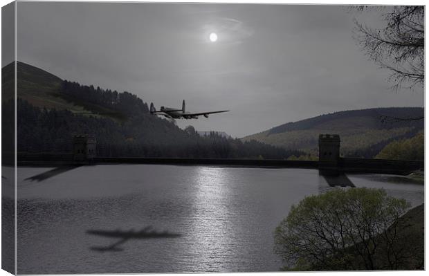 Dambusters Lancaster at the Derwent Dam at night Canvas Print by Gary Eason