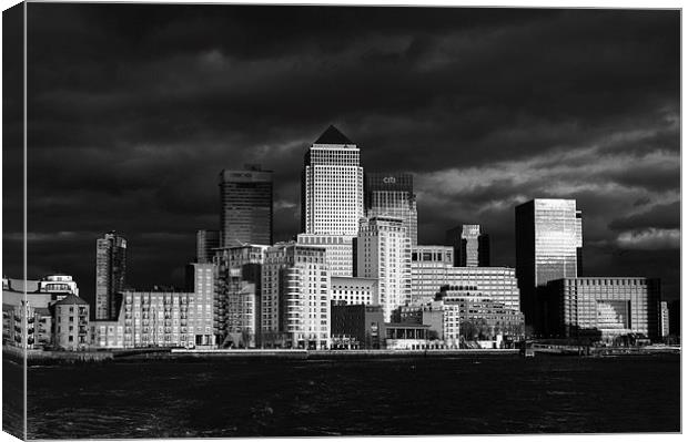 Canary Wharf sunlit from the Thames B&W version Canvas Print by Gary Eason