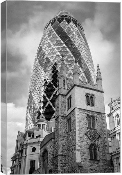 Gherkin and St Andrew Undershaft black and white v Canvas Print by Gary Eason