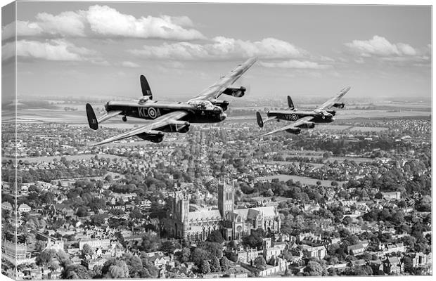 Two Lancasters over Lincoln Cathedral black and wh Canvas Print by Gary Eason