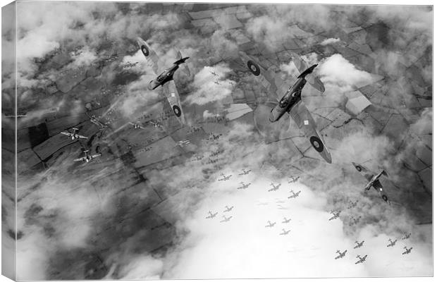 Battle of Britain Spitfires swoop on Heinkel bombe Canvas Print by Gary Eason