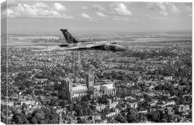 Avro Vulcan passing Lincoln Cathedral black and wh Canvas Print by Gary Eason