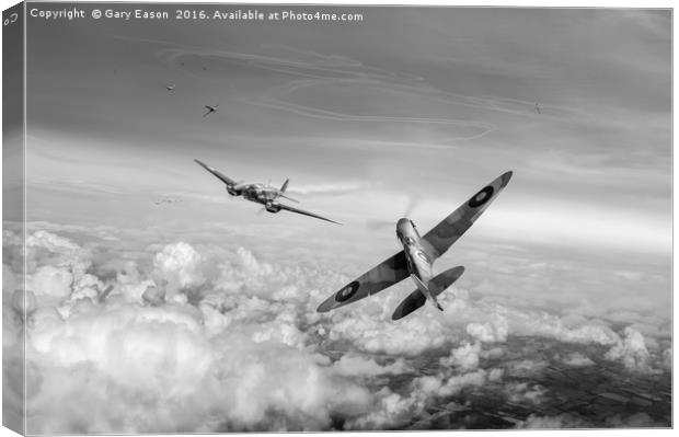 Spitfire attacking Heinkel bomber black and white  Canvas Print by Gary Eason