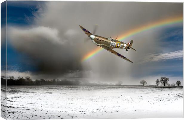 Spitfire with snow shower rainbow Canvas Print by Gary Eason