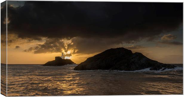 Mumbles Lighthouse Dawn Canvas Print by Creative Photography Wales