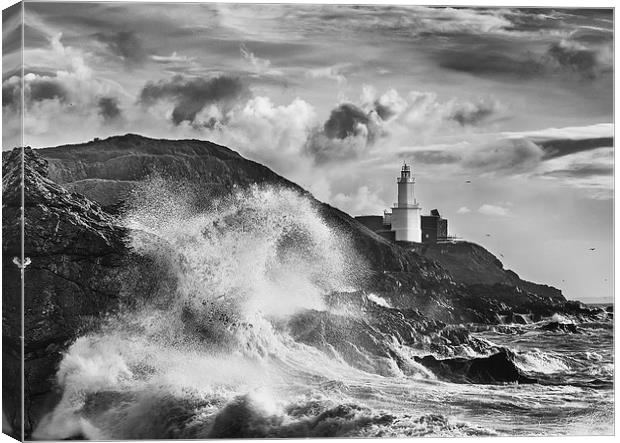 Mumbles Lighthouse Wave Canvas Print by Creative Photography Wales