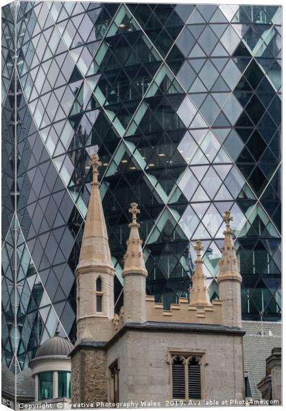 The Gherkin and St Andrews Church at Leadenhall Ci Canvas Print by Creative Photography Wales
