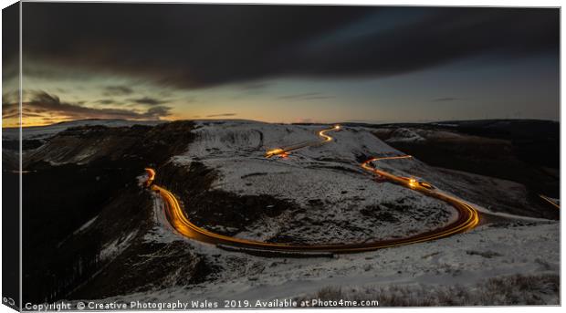 Bwlch-y-Clawdd Mountain Road at Night Canvas Print by Creative Photography Wales
