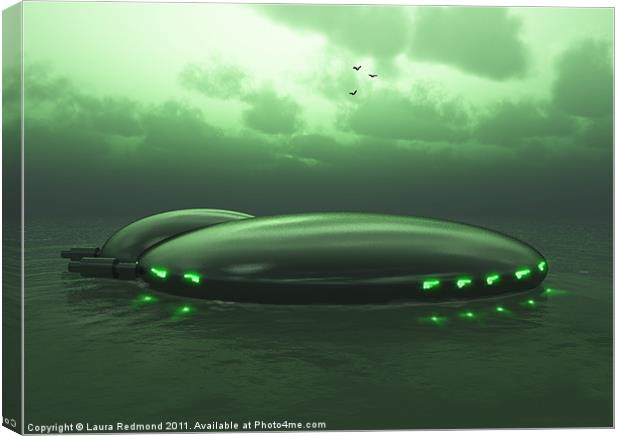 Green space ship settles on the ocean Canvas Print by Laura Dawnsky
