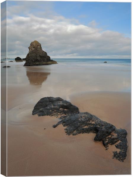 Sea Stack and Jurassic looking Rock on Sango Bay Canvas Print by Maria Gaellman