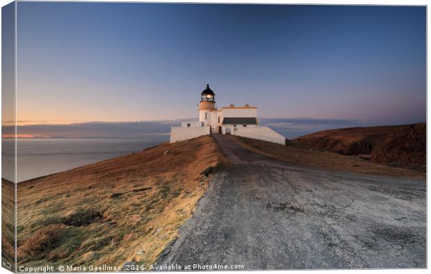 Stoer Lighthouse at Sunset Canvas Print by Maria Gaellman