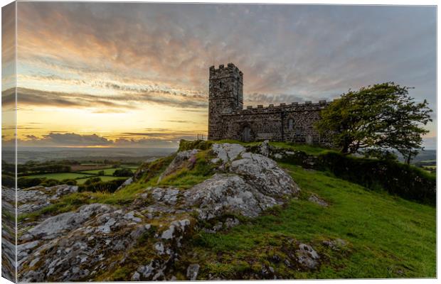 Sunset at Brentor Church, Dartmoor  Canvas Print by Images of Devon
