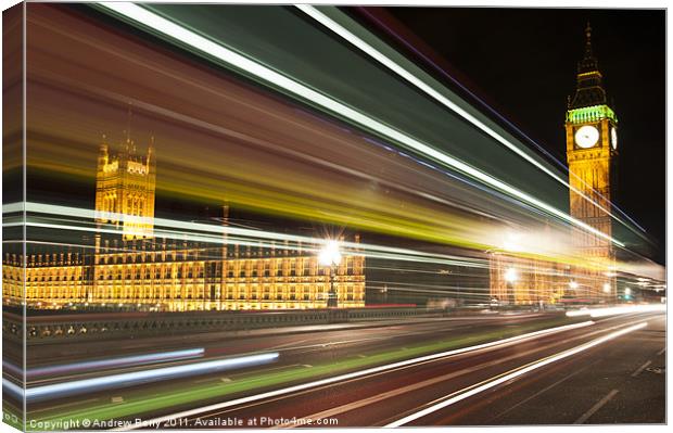 Big Ben and London Bus at Night Canvas Print by Andrew Berry