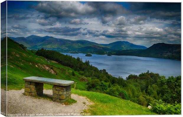 Bench overlooking Derwent water Lake District Canvas Print by Angela Wallace