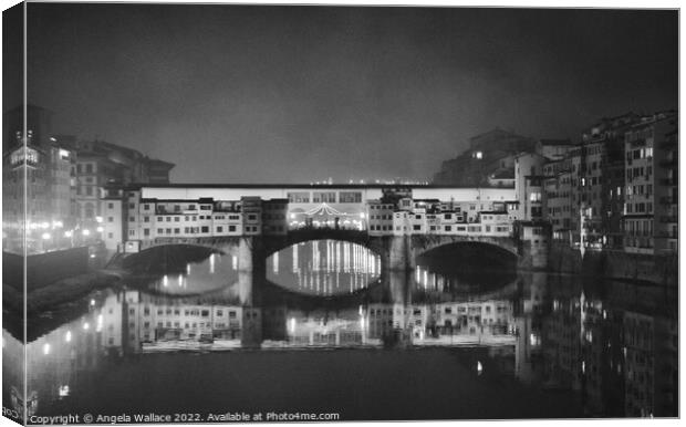 black & white Ponte Vecchio Bridge Florence Canvas Print by Angela Wallace