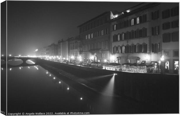 Florence and the river Arno night time black and white Canvas Print by Angela Wallace