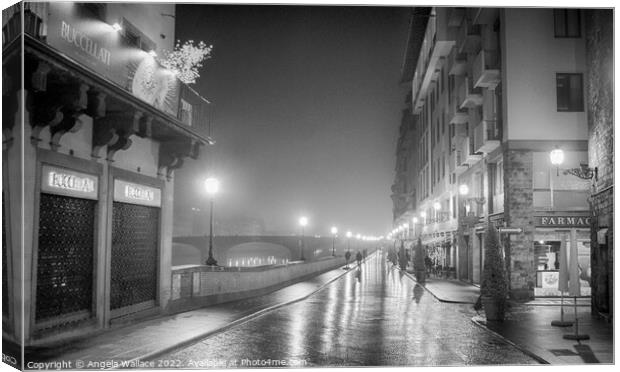 A wet night in Florence black and white  Canvas Print by Angela Wallace