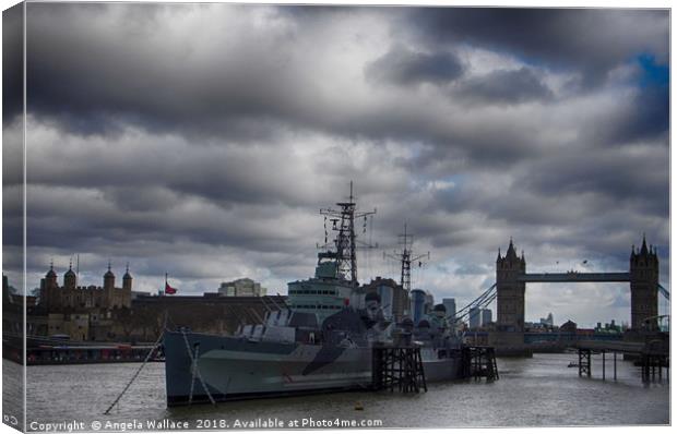 HMS Belfast with Tower bridge and The Tower of Lon Canvas Print by Angela Wallace