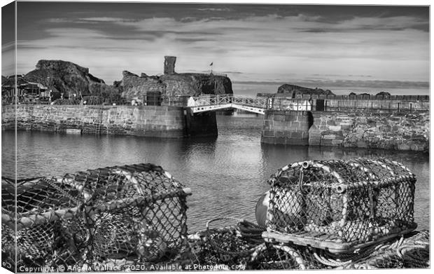 Black and white Lobster posts at Dunbar Castle Canvas Print by Angela Wallace