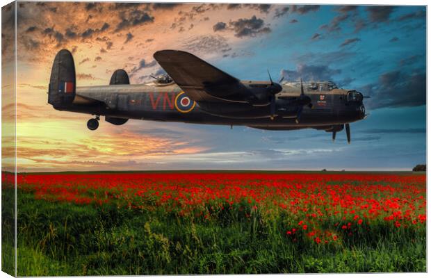 Lancaster Bomber Returning at Sunset Canvas Print by Derek Beattie