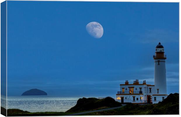 Moonset over Turnberry Lighthouse and Ailsa Craig Canvas Print by Derek Beattie