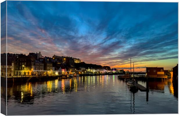 Whitby Harbour Sunset Reflections Canvas Print by Derek Beattie