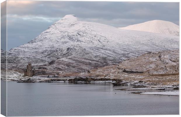 Ardvreck Castle and Quinag in Winter Canvas Print by Derek Beattie