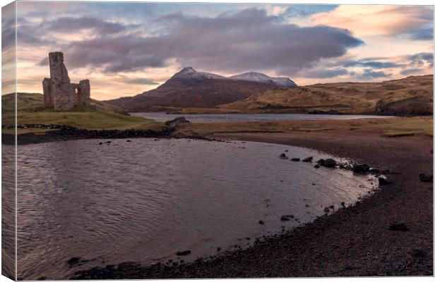 Ardvreck Castle and Quinag in Winter Canvas Print by Derek Beattie