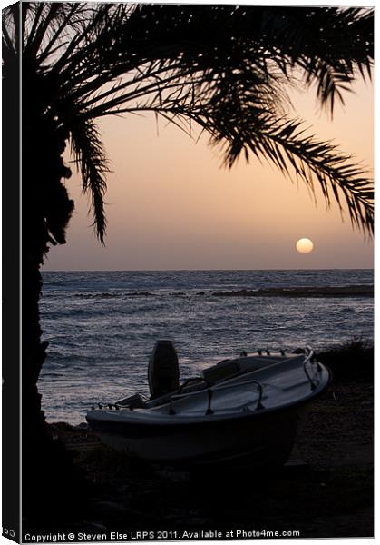 Boat under palm tree Canvas Print by Steven Else ARPS