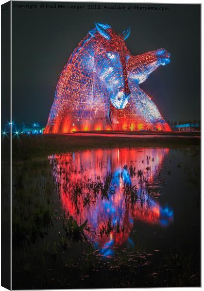    Kelpies at Sunset Reflection Canvas Print by Paul Messenger