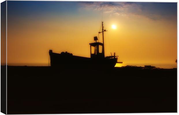 boat silhouette at sunrise Canvas Print by Dean Messenger