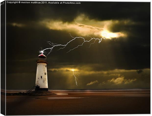 lighthouse and lightning storm Canvas Print by meirion matthias