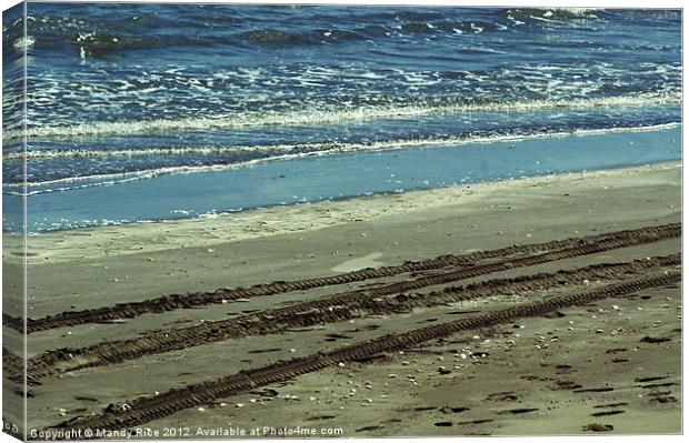 Tyre tracks on beach Canvas Print by Mandy Rice