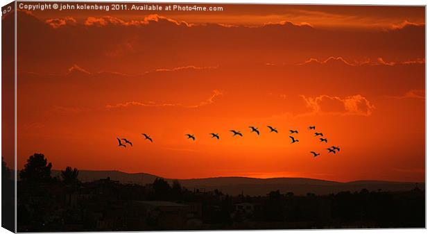 birds flying in  crimson sunset Canvas Print by john kolenberg