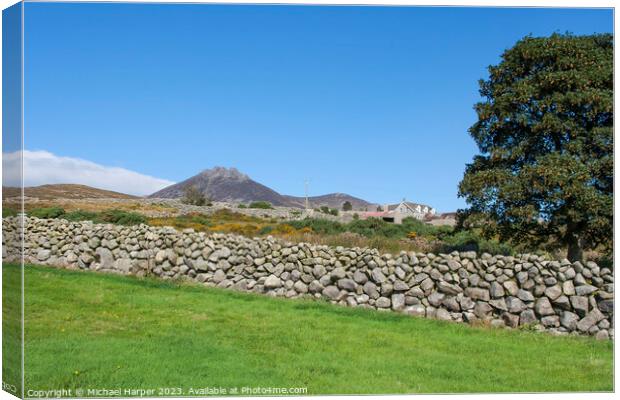 A dry stone wall and mountain peaks n the world fa Canvas Print by Michael Harper