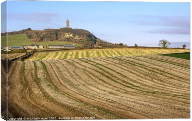 Scrabo Tower on Scrabo Hill overlooking harvested farm fields on Canvas Print by Michael Harper