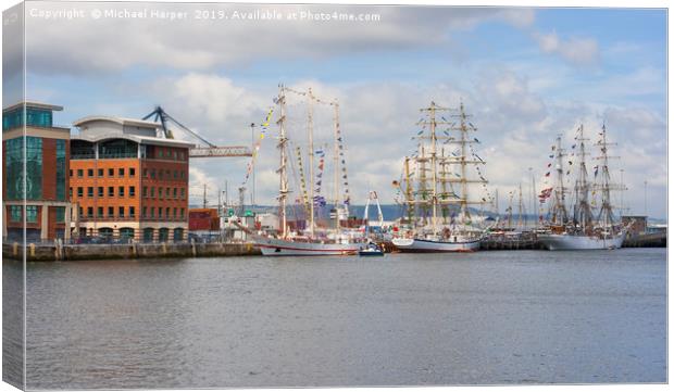 Tall Ships berthed at Belfast Harbour in Northern  Canvas Print by Michael Harper