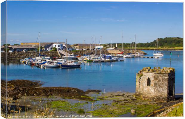 A small medieval stone tower at Ardglass Harbour Canvas Print by Michael Harper