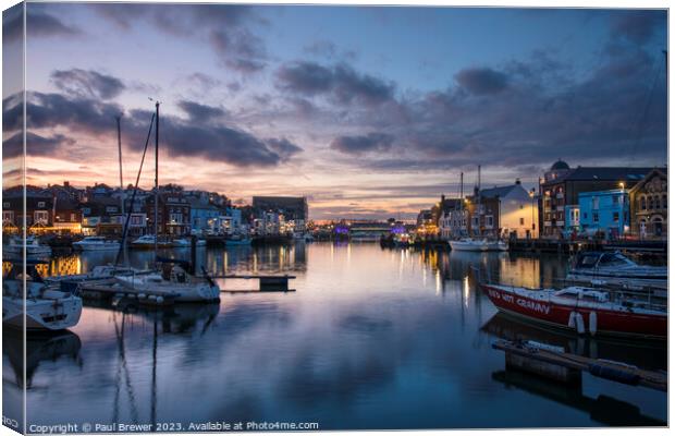 Weymouth Harbour at Dusk in Winter Canvas Print by Paul Brewer