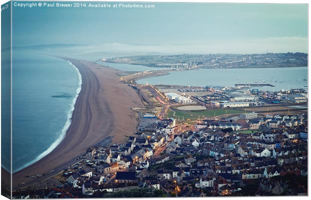 Chesil Beach from Portland Heights at Sunrise Canvas Print by Paul Brewer