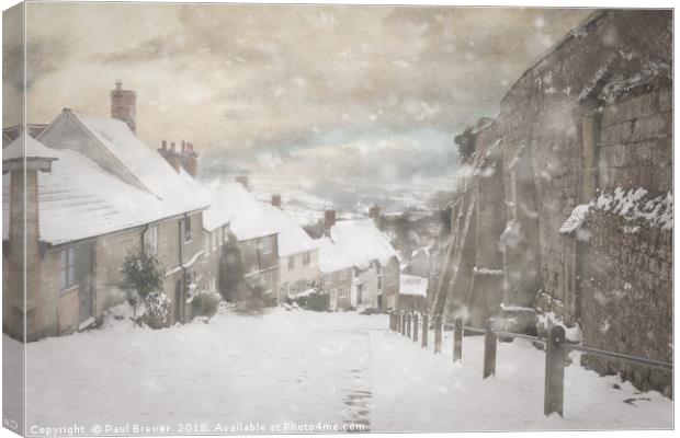 Shaftesbury Gold Hill in Snow Canvas Print by Paul Brewer