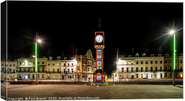 Weymouth Clock at Night Canvas Print by Paul Brewer