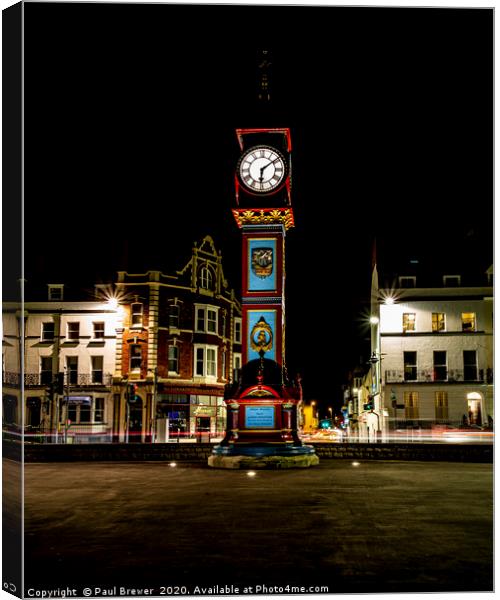 Weymouth Clock in Winter Canvas Print by Paul Brewer