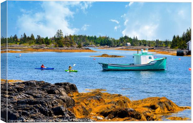 Lobster Boat and Kayakers Canvas Print by Elaine Manley