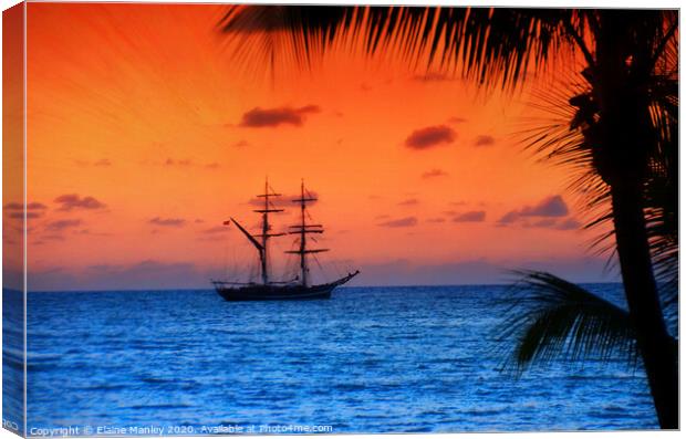 Tall Ship Sailing at Sunset Canvas Print by Elaine Manley