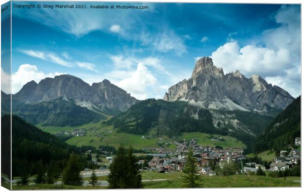 Corvara town and Sassongher mountain Dolomites Italy Canvas Print by Greg Marshall