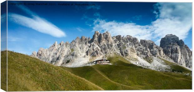 Mountain peaks Via Ferrata near Paso Gardena, Dolomites Italy Canvas Print by Greg Marshall