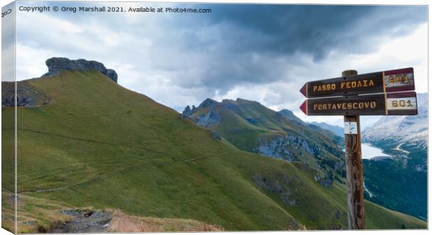 This way to Passo Fedaia Dolomites Italy Canvas Print by Greg Marshall